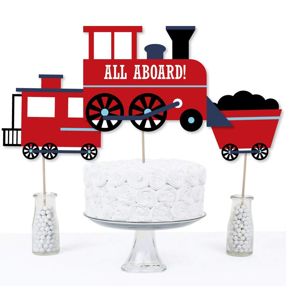 Big Dot of Happiness Railroad Party Crossing - Steam Train Birthday Party or Baby Shower Centerpiece Sticks - Table Toppers - Set of 15