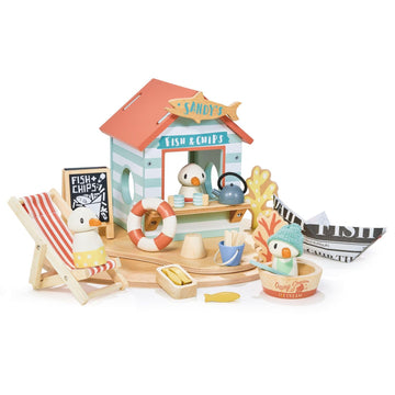 Tender Leaf Toys - Sandy’s Beach Hut - Wooden Toy Seagull Family with Fish and Chips Beach Hut and Accessories - Imaginative Play Set - Develop