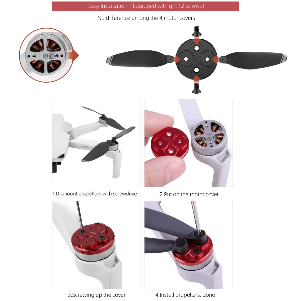 Darkhorse Upgraded Aluminum Motor Cover Cap 4 Pieces for DJI Mavic Mini Drone Accessory - Dustproof,Waterproof,Scratchproof Protection Mounts - Red