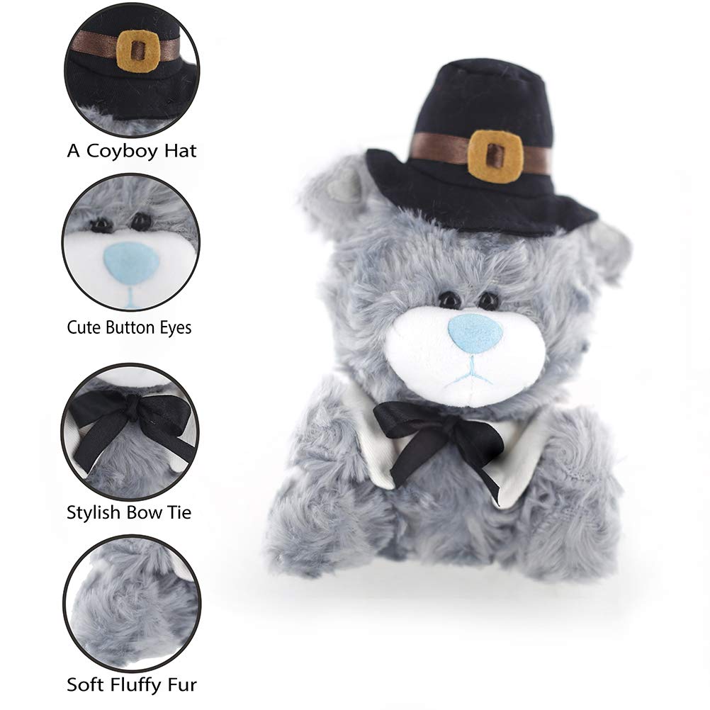 Plushland Stuffed Qbeba Pilgrim Bear - with Cute Hat and Collar - Plush Stuffed Toy for Kids on Thanksgiving Day - 6 Inches - Gray