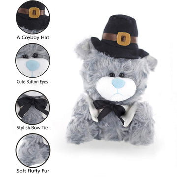 Plushland Stuffed Qbeba Pilgrim Bear - with Cute Hat and Collar - Plush Stuffed Toy for Kids on Thanksgiving Day - 6 Inches - Gray