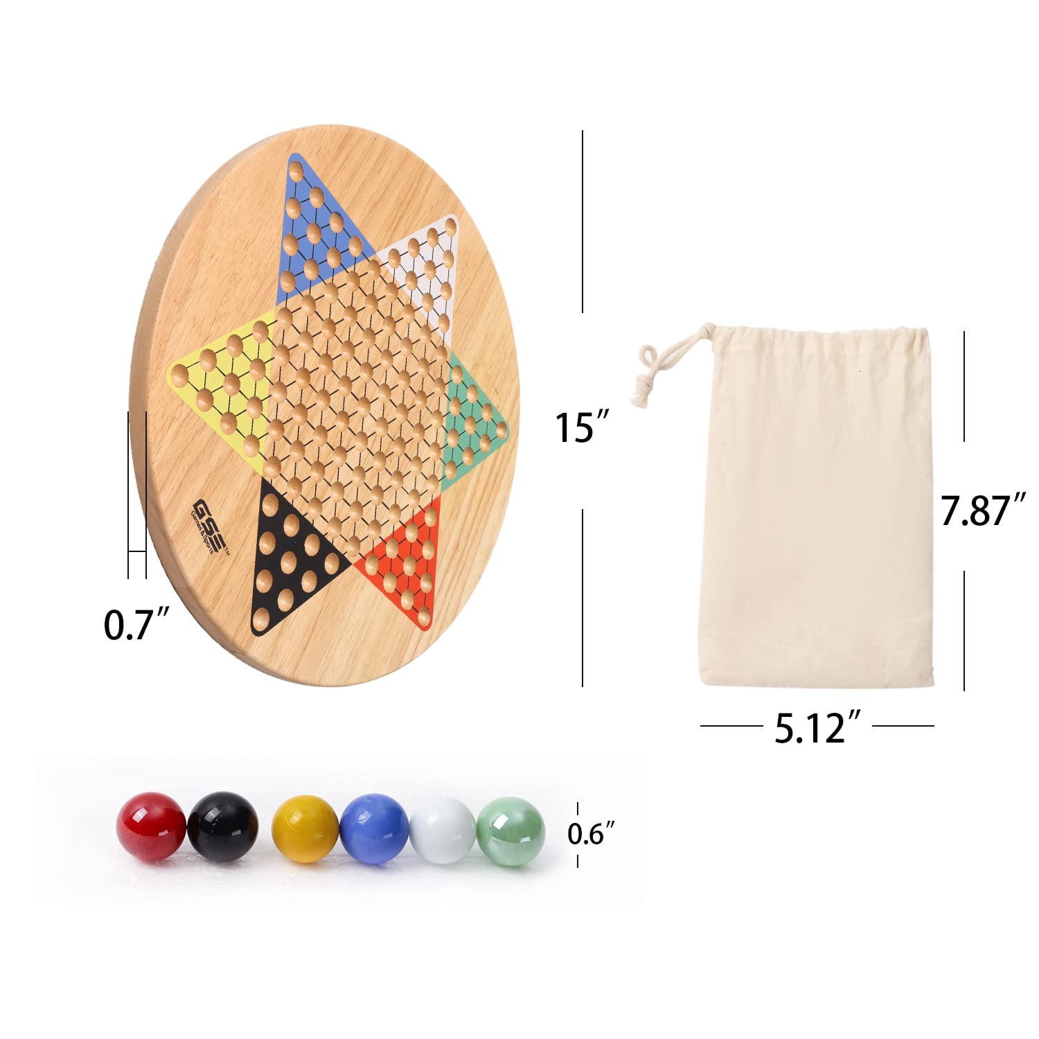 GSE Games & Sports Expert 15" Jumbo Oak Wood Chinese Checkers Board Game Set with Colorful Glass Marbles, Classic Strategy Family Board Game