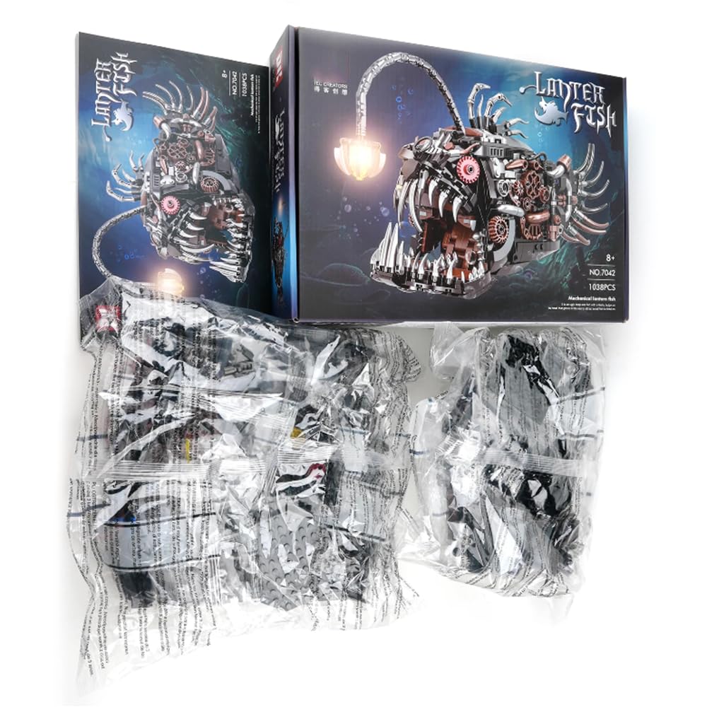 YAOZEBIN Mechanical Angler Fish Building Block Set - STEM Toys for Boys & Girls 8-14+, Deep Sea Ocean Creature Kit, Home/Office Decor with Light