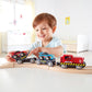 Hape Race Car Transporter | Six-Piece Wooden Toy Train Car Transport Set for Kids