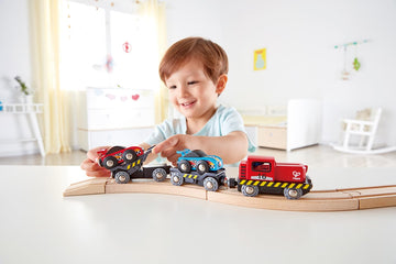 Hape Race Car Transporter | Six-Piece Wooden Toy Train Car Transport Set for Kids