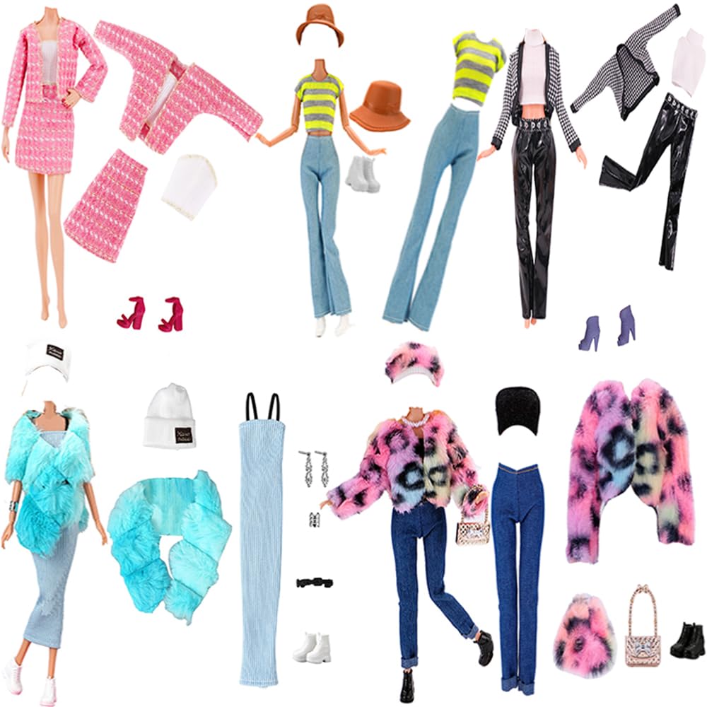 Doll Clothes, 5 Sets Outfits Winter Dresses Pants Windbreaker Hat for 11.5 inch Dolls Accessories Random Style (G)