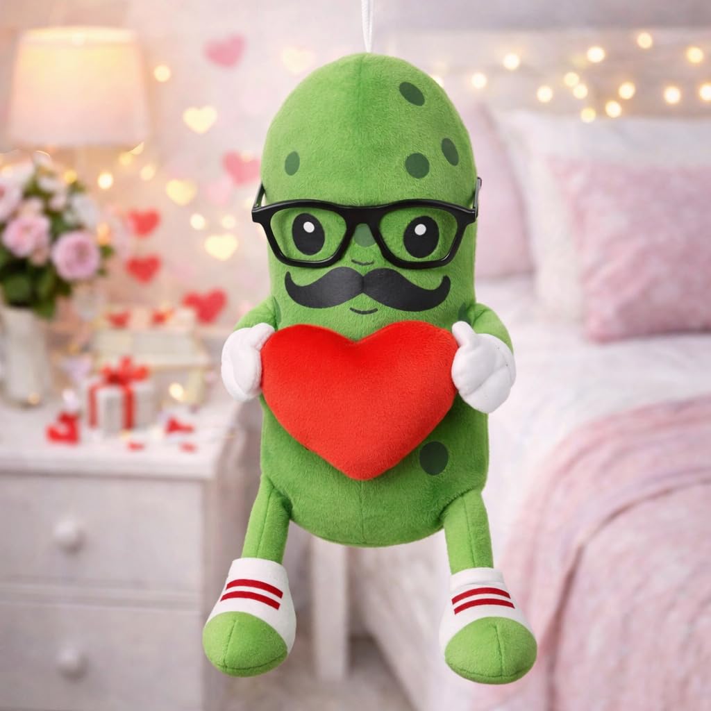 Mr. Pickle with Love Heart Valentines Day Plush Toy - 12 Inch Funny Stuffed Pickle Doll, Cute Hugging Plush Gift for Kids, Couples, Pickle Lovers