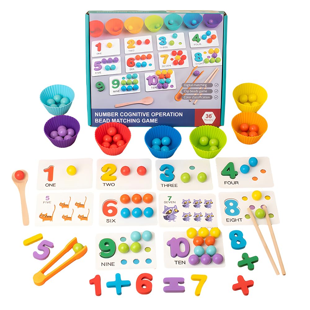 SWIMDOG Montessori Arithmetic Math Toy Set, Toddler Wooden Montessori Toys for 2 3 4 5 6 Years Old, Number Cognitive Clip Bead Matching Game, Boy Girl