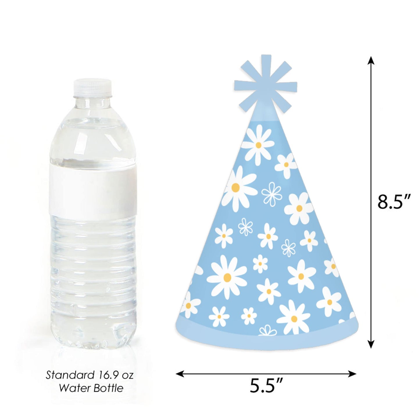 Big Dot of Happiness Blue Daisy Flowers - Cone Happy Birthday Party Hats for Kids and Adults - Set of 8 (Standard Size)