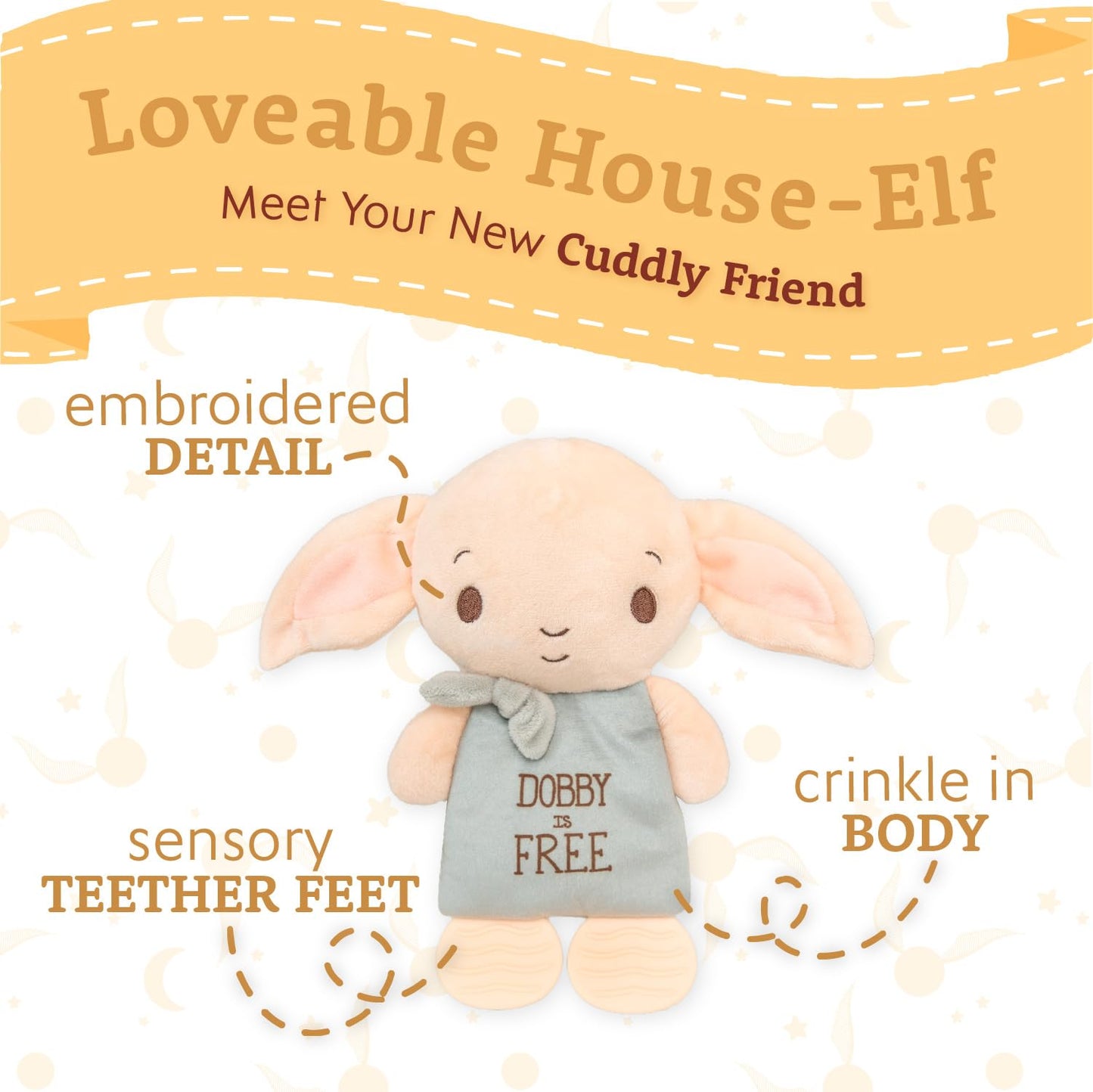 Kids Preferred Harry Potter Dobby Teether Plush Toy Crinkle Cloth for Newborn Baby Boys and Girls 10 inches