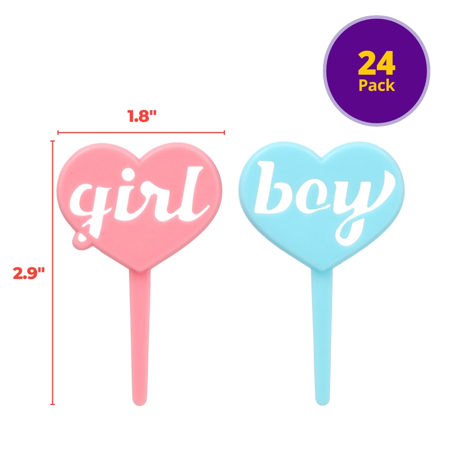 Boy Girl Cake Toppers, 24 Gender Reveal Cupcake Decorations, Blue & Pink Cupcake Pics For Baby Shower Or Gender Reveal - 24 Pack