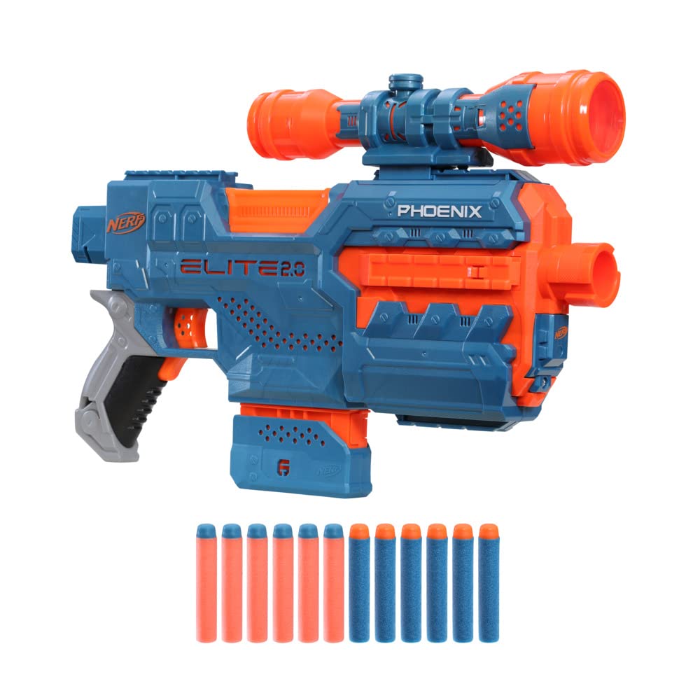 Nerf Elite 2.0 Phoenix CS-6 Motorized Blaster, 12 Official Darts, 6-Dart Clip, Scope, Tactical Rails, Barrel and Stock Attachment Points
