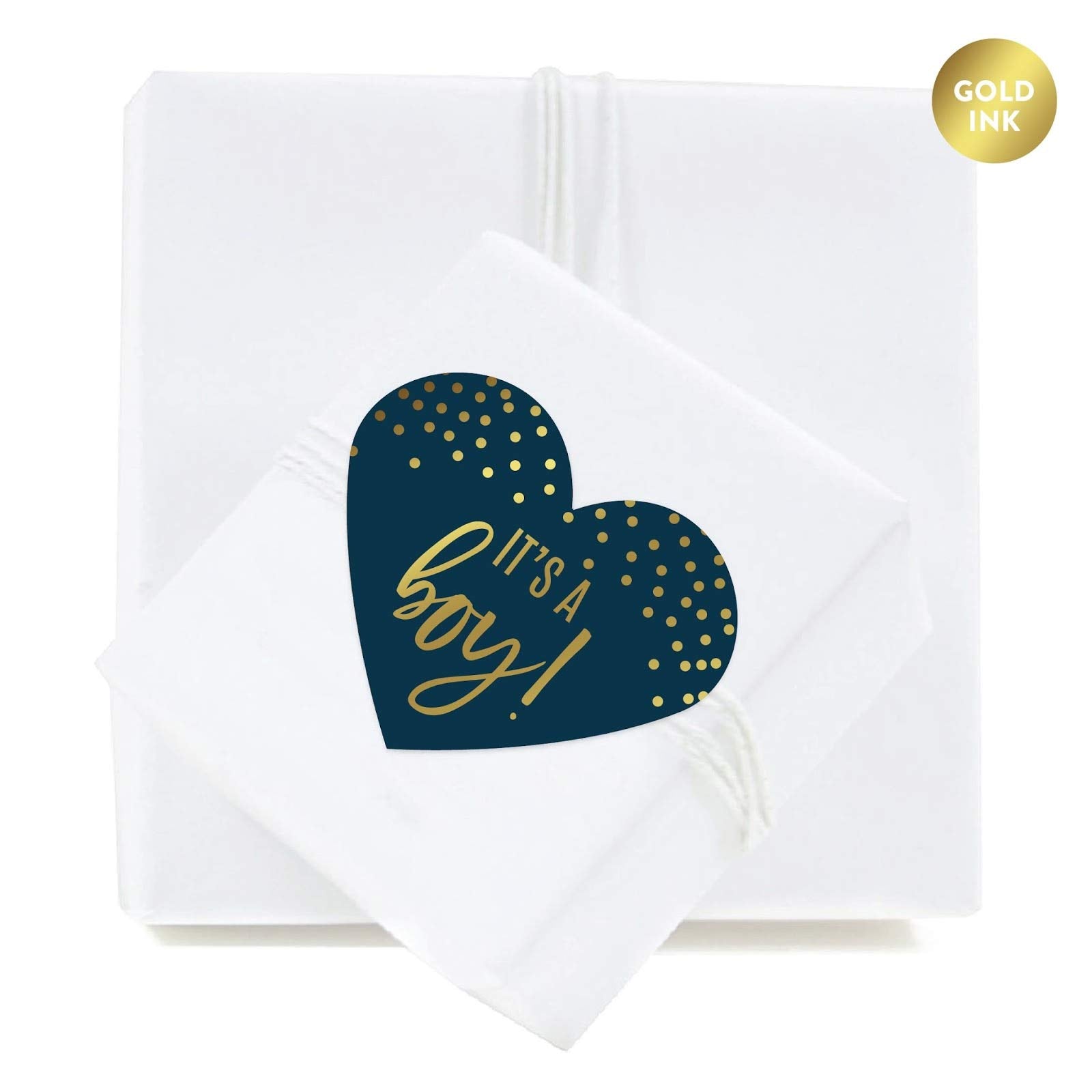 Andaz Press Navy Blue and Metallic Gold Confetti Polka Dots Baby Shower Party Collection, Heart Label Stickers, It's a Boy!, 75-Pack