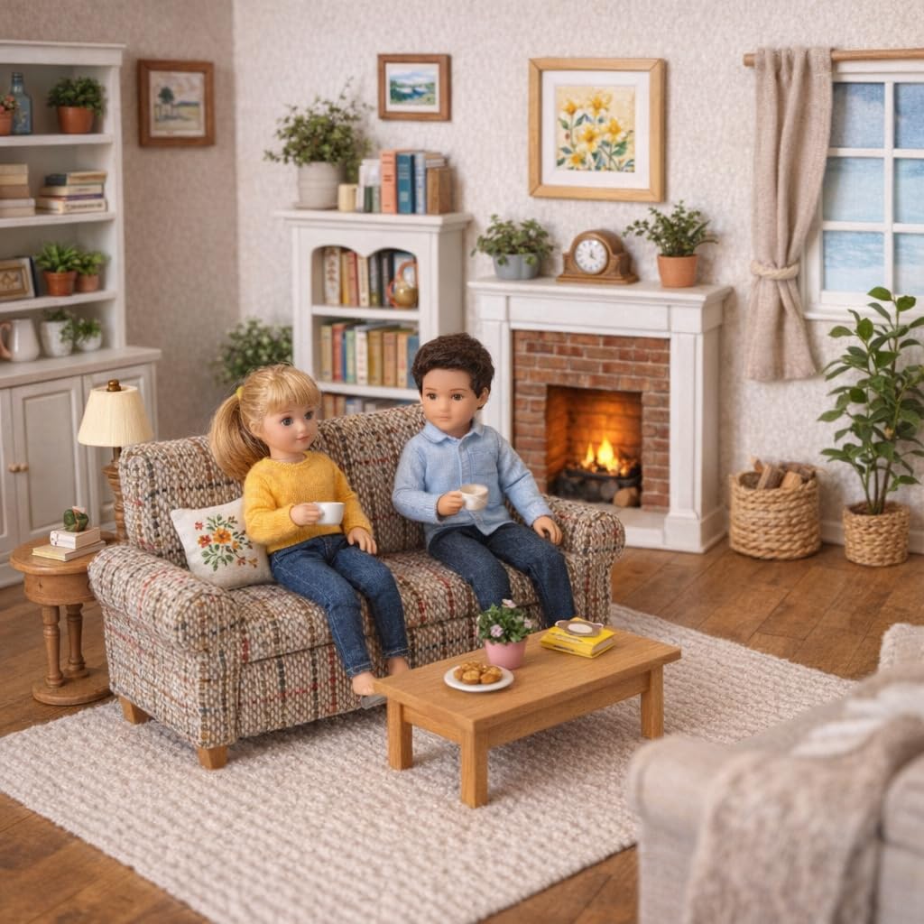 Brown Dollhouse Sofa Couch, Mini Loveseat for 6 Inch Dolls, 1:12 Scale Living Room Furniture, Retro Doll House Accessory