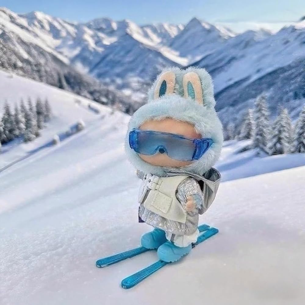 Clothes for Labubu Winter 4-Piece Ski Set - Ski Goggles,Jacket & Snow Pants and Twin Skis,Perfect for 17cm Dolls(No Doll) (Blue)
