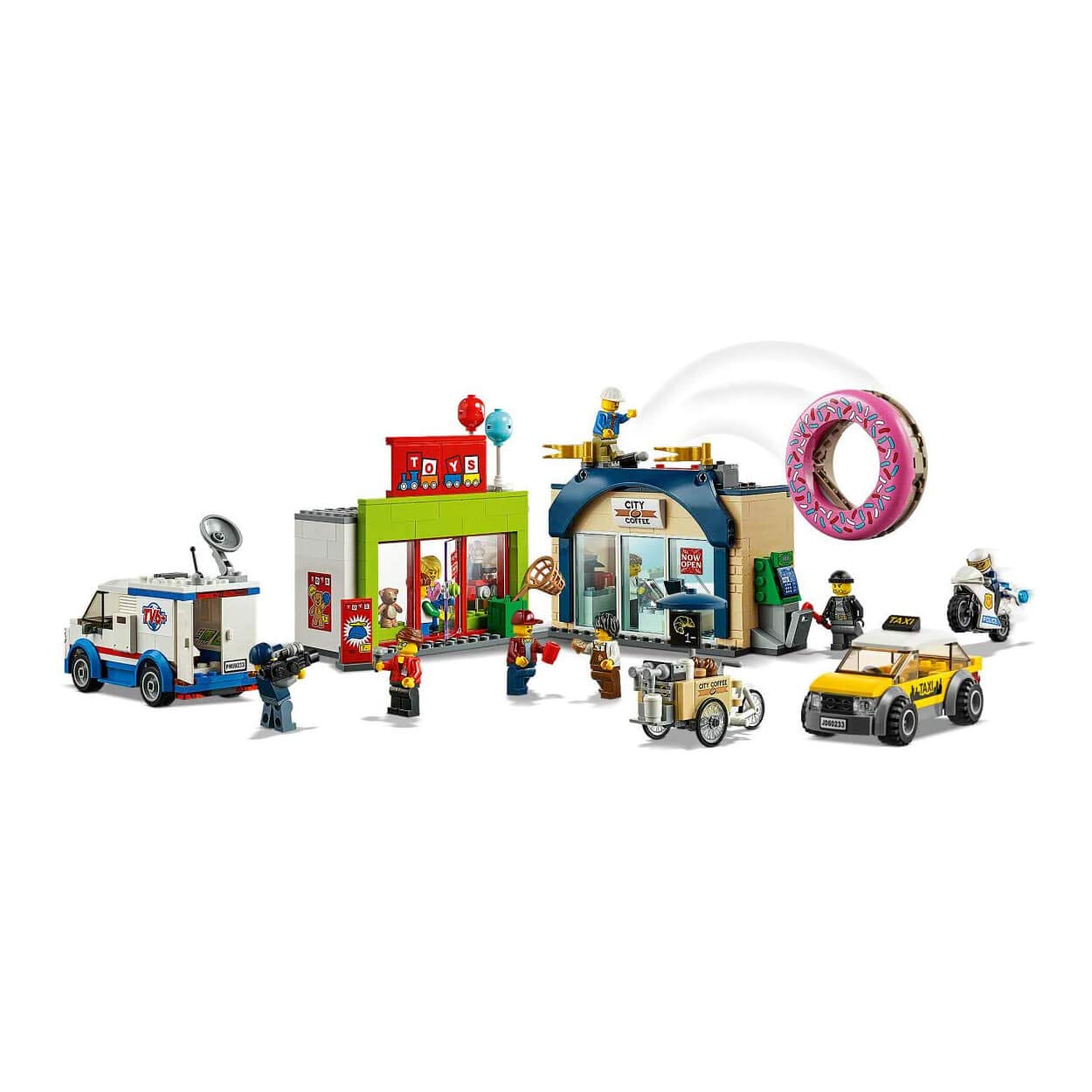 LEGO City Donut Shop Opening 60233 Store Opening Build and Play with Toy Taxi, Van and Truck with Crane, Easy Build with Minifigures for Boys