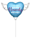 Happy Heavenly Birthday Balloon on a Stick Blue Heart with Angel Wings, Memorial Grave Decoration, in Loving Memory, Cemetery Remembrance Gift