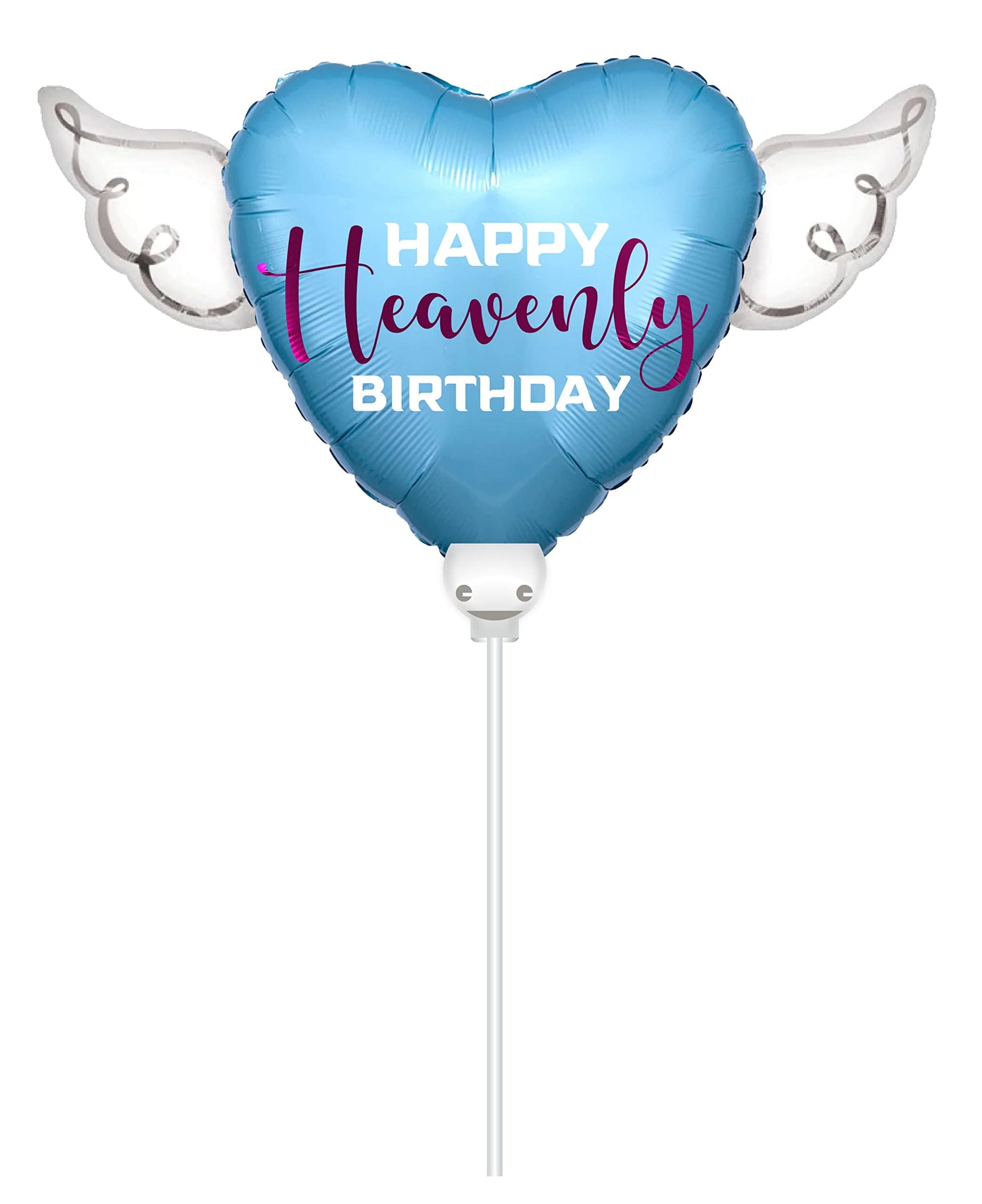 Happy Heavenly Birthday Balloon on a Stick Blue Heart with Angel Wings, Memorial Grave Decoration, in Loving Memory, Cemetery Remembrance Gift