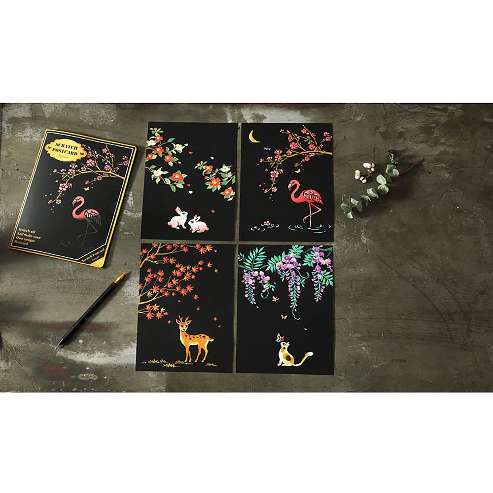 Scratch Paper Art Set, 8 Sheets Rainbow Painting Scratch Off Art Cherry Blossom & Animal Mini Postcard, Art Craft Supplies for Adults Girls & Boys
