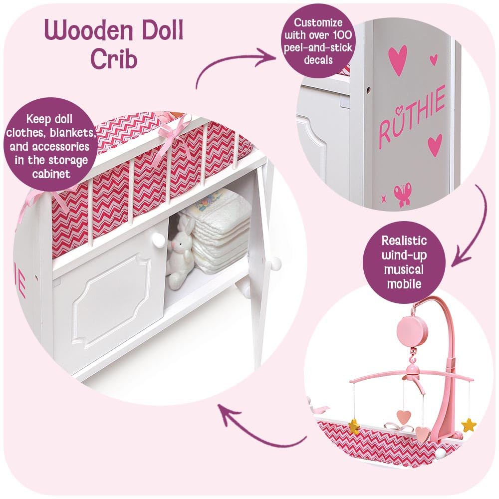 Badger Basket Wooden Toy Doll Bed with Storage, Mobile, and Bedding - Includes Wheels and Free Personalization Kit to Pretend and Play - White