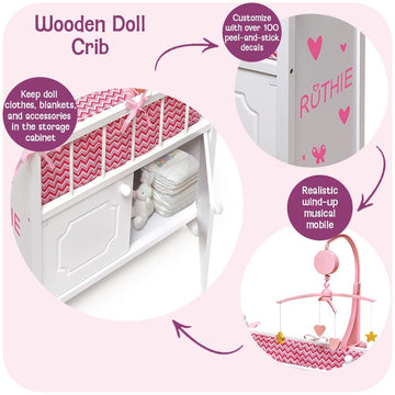 Badger Basket Wooden Toy Doll Bed with Storage, Mobile, and Bedding - Includes Wheels and Free Personalization Kit to Pretend and Play - White