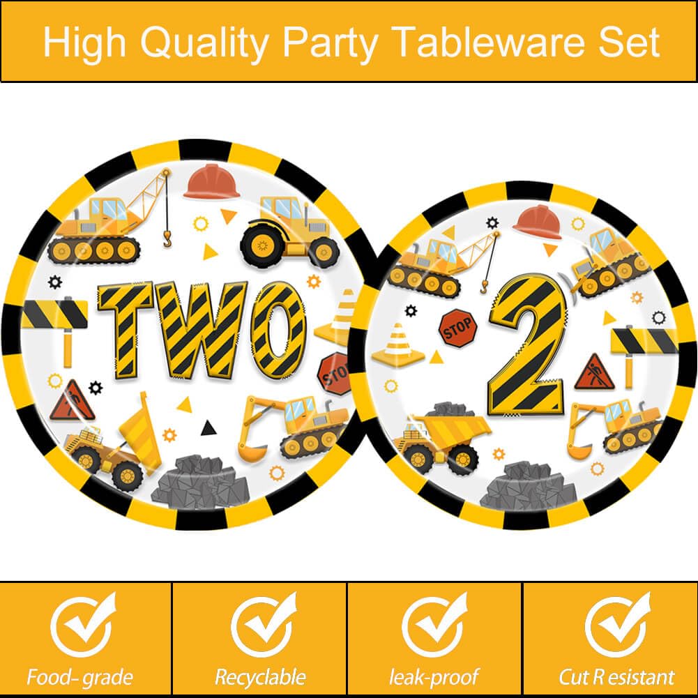 51 Pcs Construction 2nd Birthday Party Supplies Dump Truck Two Years Old Tablecloth Paper Plates Napkins Forks Dinnerware for Construction 2nd