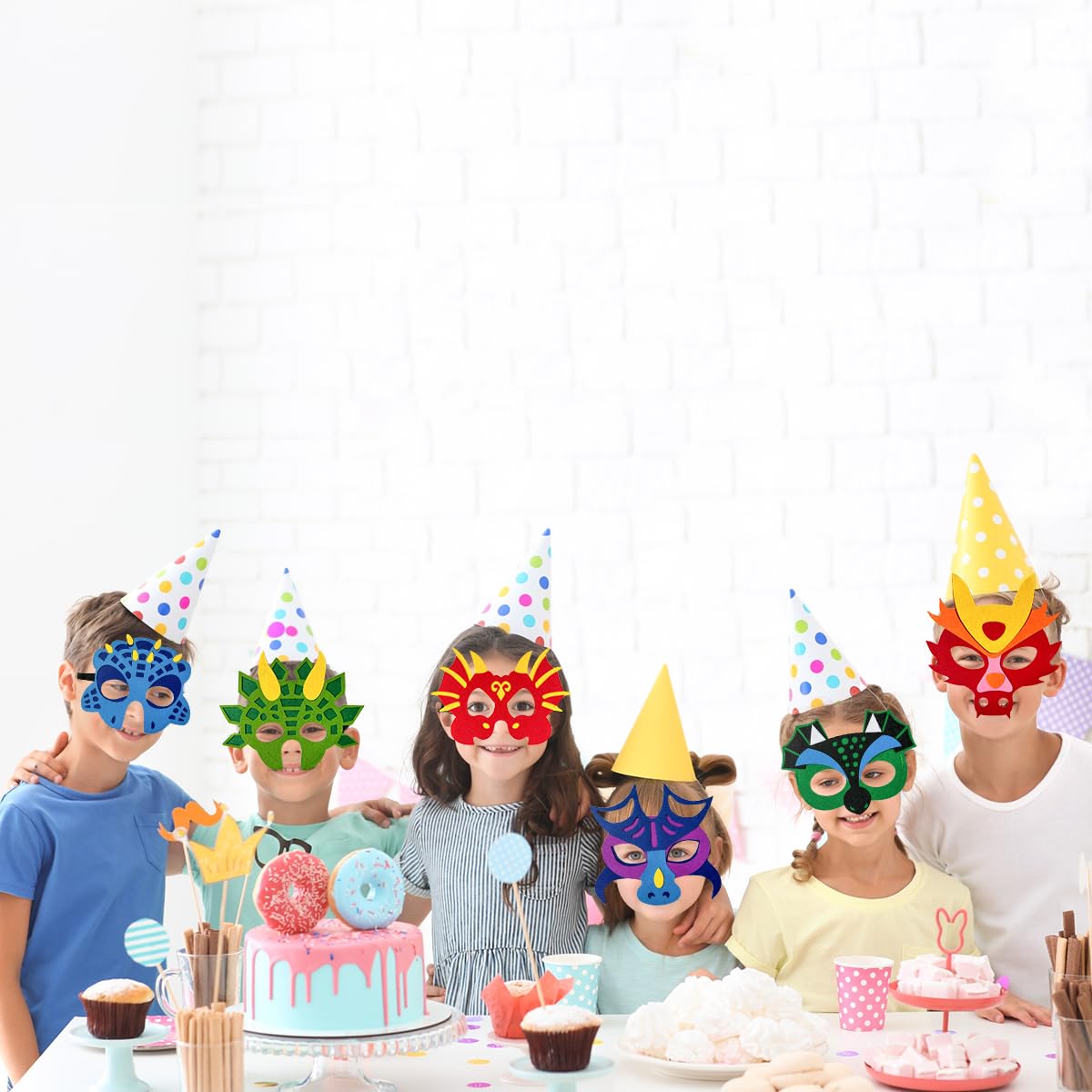 12Pcs Dragon Felt Masks, Dinosaur Decoration, Dragon Party Dress Up Supplies, Photo Prop
