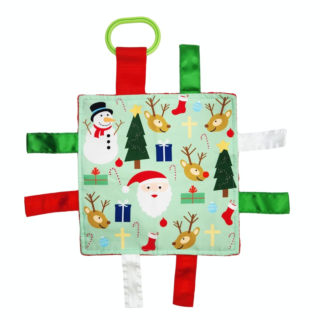Baby Jack & Co 8x8” Baby's First Christmas, Stocking Stuffer, Santa Gift, Rudolph Red Nose Lovey Tag Toy - Crinkle Toy for Developing 5 Senses