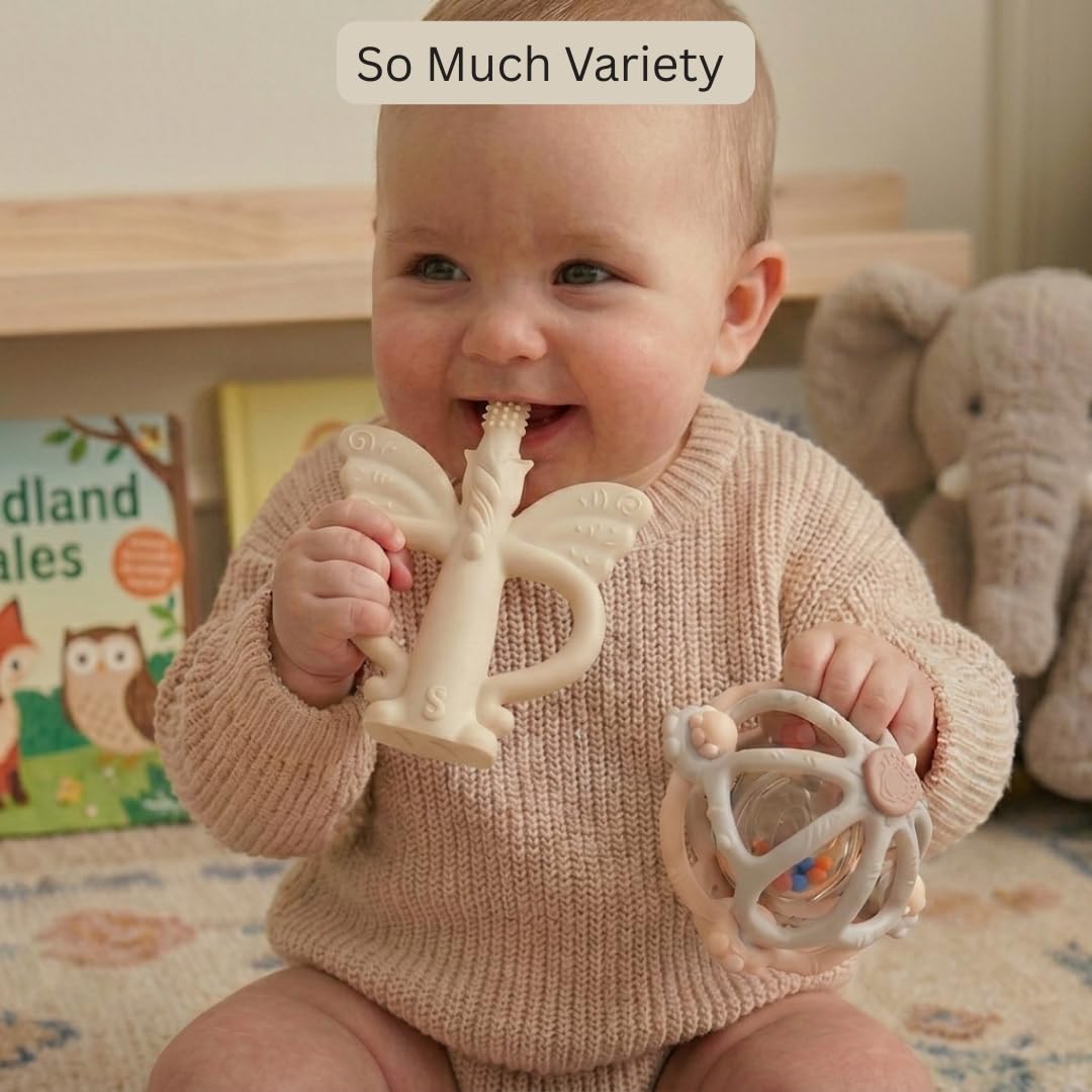 Silicone Teething Toys & Baby Sensory Toys | Rattle Ball & Unicorn Teether Set | Infant Teething Ball & Chew Toy for Babies | Teeth Tamer Car Seat