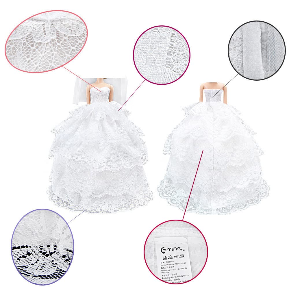 E-TING Handmade Wedding Evening Party Dress Clothes Gown Veil for Dolls (White)
