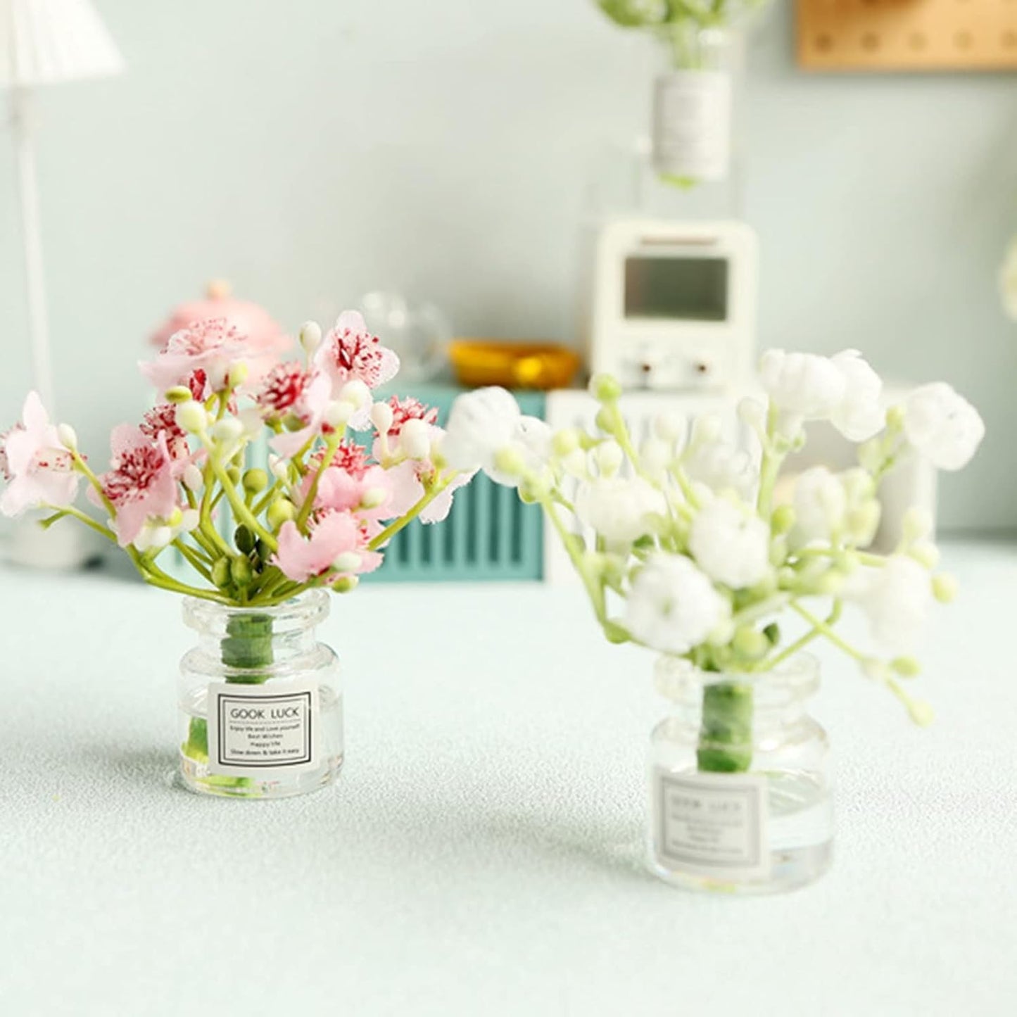 Miniature Flower in Vase Dollhouse Mini Jasmine Flowers Handmade Easily Matched Dollhouse Flower Vase Set Model Decor for 1:6 or1:8 Scale Micro