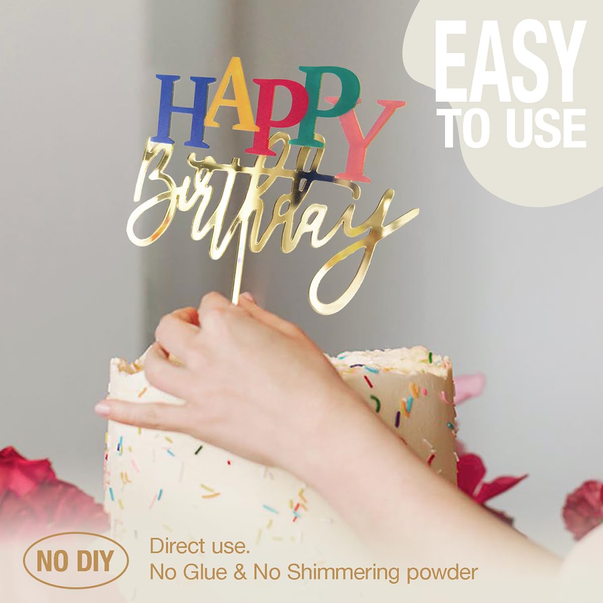 Apluselection Acrylic Happy Birthday Cake Topper, Gold Rainbow Decoration