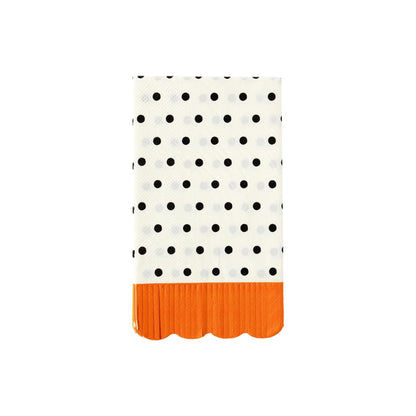Black Polka Dot Napkins with Orange Fringe - 24 Paper Napkins, 4.25" x 7.75", Scalloped Edges, Ideal for Halloween Party & Kids Birthday Celebration