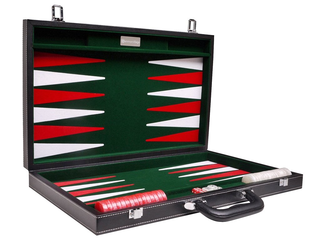 18" Leatherette Backgammon Set - Inlaid Velvet Field - Black/Green Board