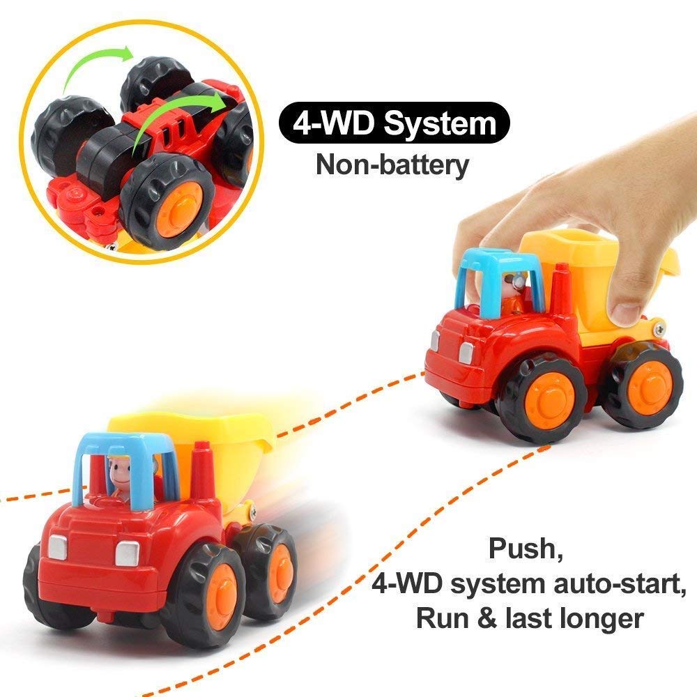 Yiosion Friction Powered Cars Push and Go Trucks Construction Vehicles Toys Set of Tractor Bulldozer Dump Truck Cement Mixer for Baby Toddlers Infants