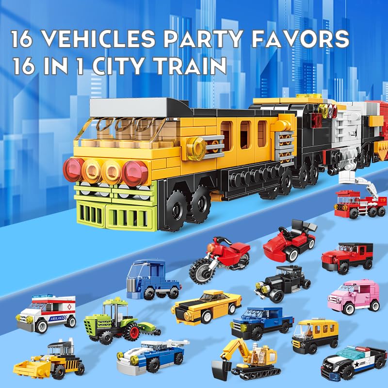 16 Pack Building Blocks Party Favors for Kids, Lego-Compatible 2 in 1 710pcs Building Kits Mini City Vehicles Include Police Car & Train, Christmas