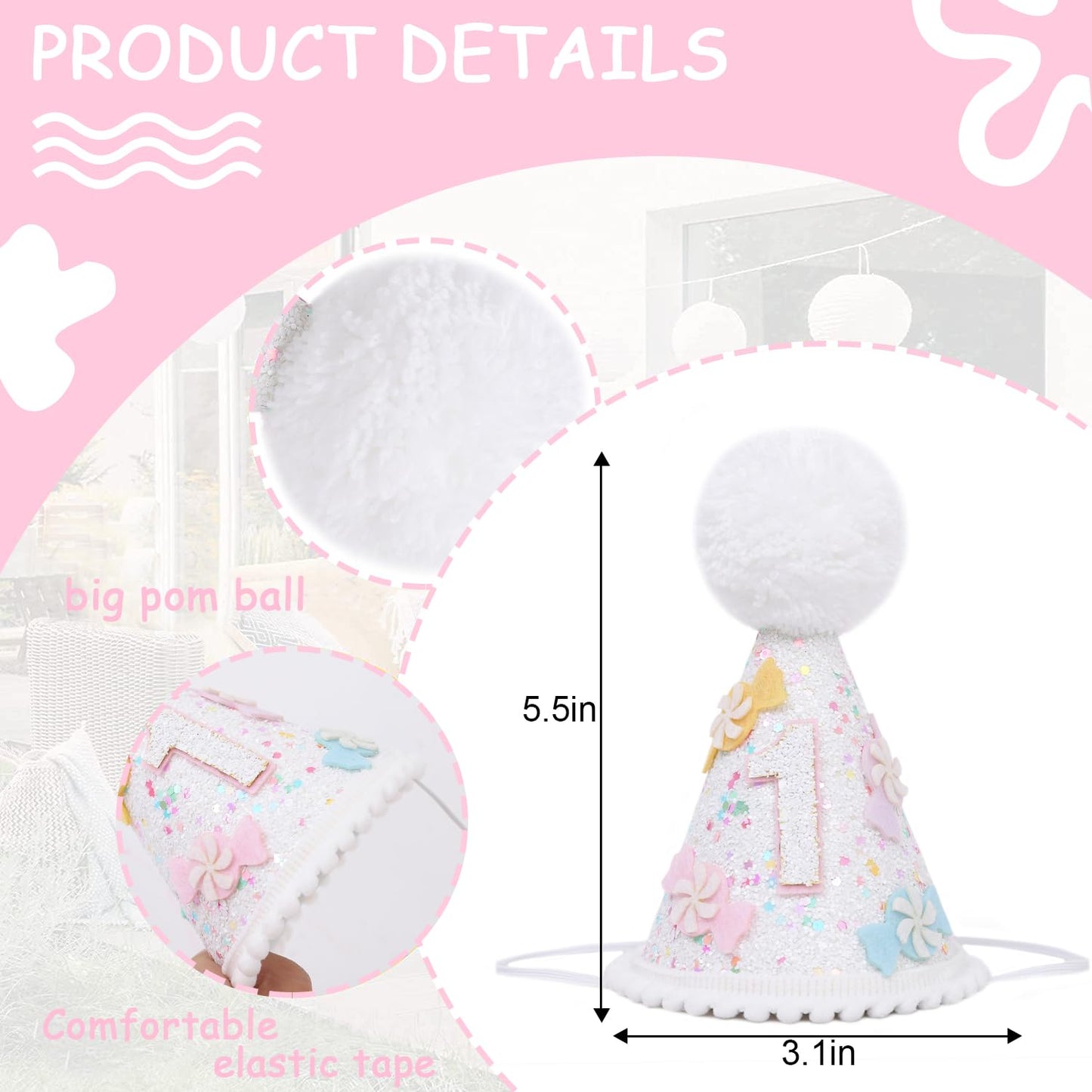 PATRDIO Candy Cane 1st Birthday Hat - Princess Sweet One Birthday Decorations,Sugar Sprinkle Party Photo Props,Candy Girls Smash Cake Hat,First