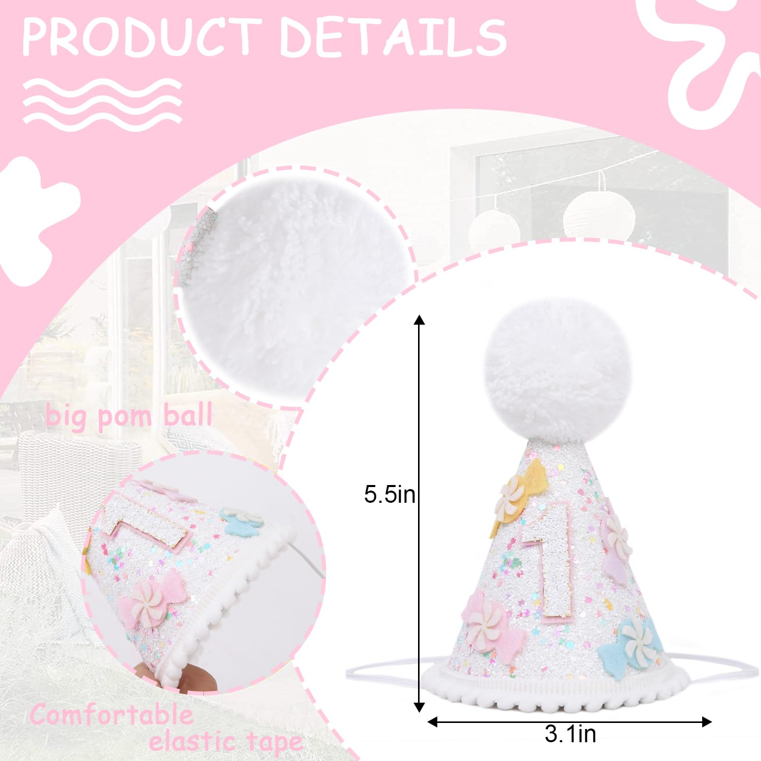 PATRDIO Candy Cane 1st Birthday Hat - Princess Sweet One Birthday Decorations,Sugar Sprinkle Party Photo Props,Candy Girls Smash Cake Hat,First