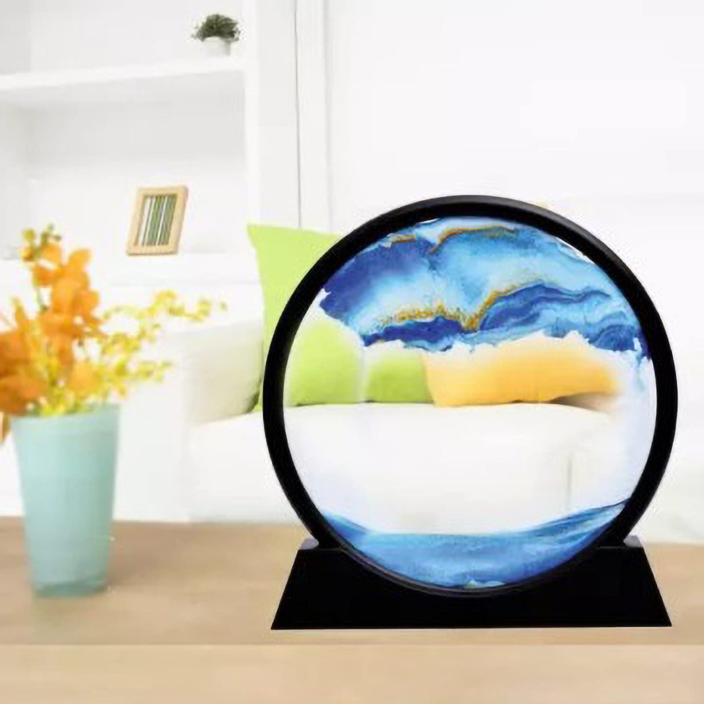 12 Inch Large Flowing 3D Natural Landscape Dynamic Art - Round Glass Deep Sea Sand Painting for Home Decoration, Blue