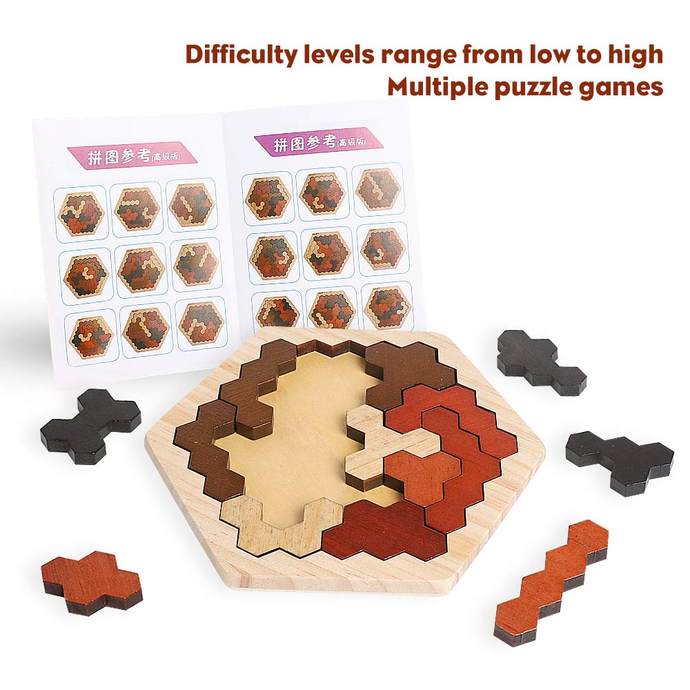 Skrtuan Wooden Hexagon Puzzle for Kids & Adults, Montessori STEM Educational Toy with Colorful Shapes, Logic IQ Brain Teaser Game for Kids, Geometry