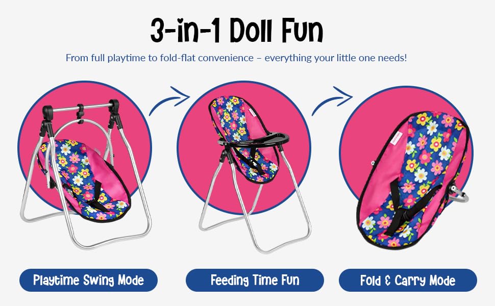 Fash n kolor 3 Piece Baby Doll Play Set - Polka-Dot Design Pack n Play, Foldable Doll Stroller, High Chair - Fits 18 Inch Dolls - Pretend Play Doll