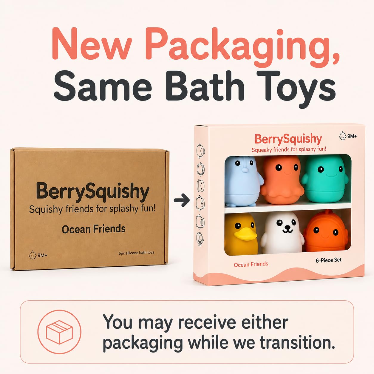BerrySquishy Silicone Bath Toys, Opens for Cleaning, Baby Bath Toys 9M+, Toddler Bath Toys 1-3, Bathtub Toys, Ocean Friends 6-Piece Set
