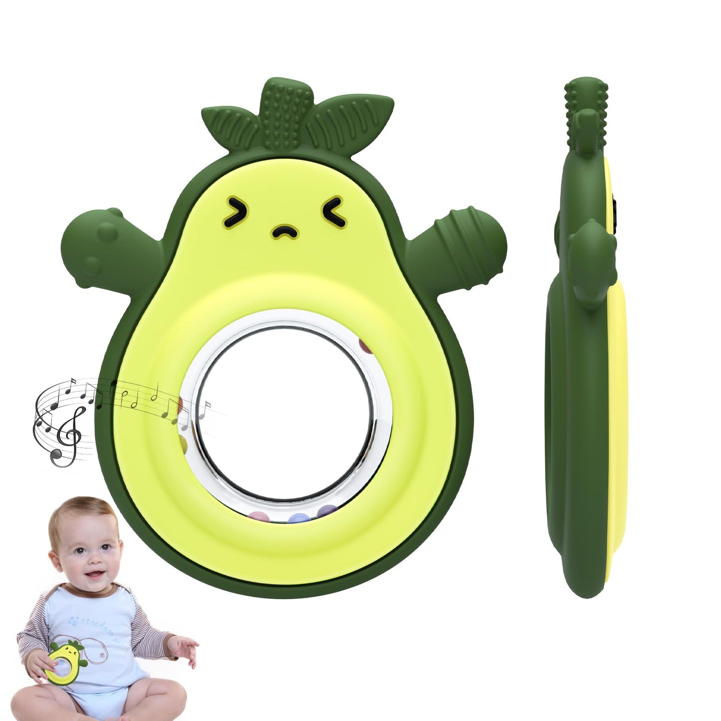 Baby Rattles Teething Toy for Babies 0-6 Months, Avocado Design BPA Free, Teething Relief for Infant 3-24 Months, Silicone Teethers Boys and Girls