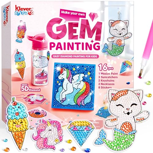 Klever Kits 16 Projects Gem Painting, Kids Diamond Art Kit for Kids with 5D Diamond, Arts and Crafts for Girls Ages 6-12, Gem Craft Activities Kits