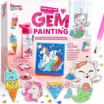 Klever Kits 16 Projects Gem Painting, Kids Diamond Art Kit for Kids with 5D Diamond, Arts and Crafts for Girls Ages 6-12, Gem Craft Activities Kits