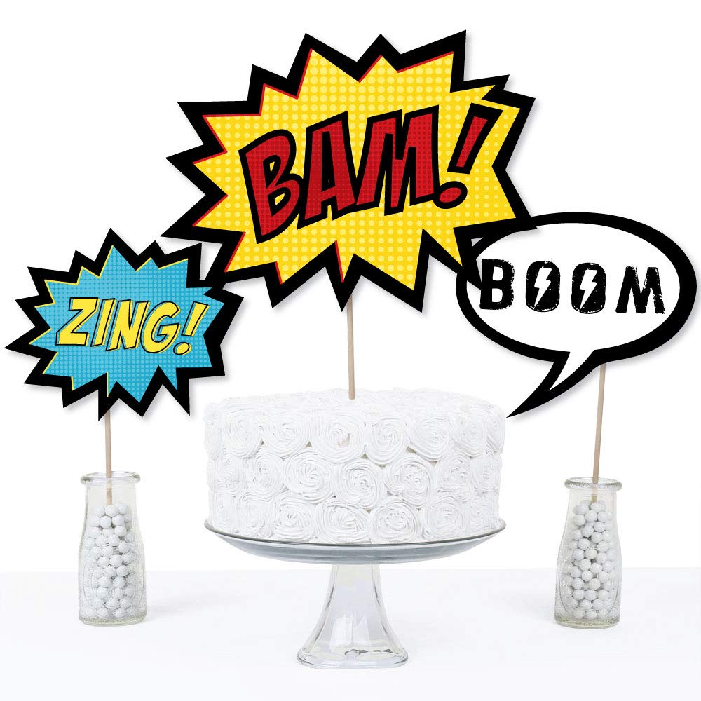 Big Dot of Happiness Bam Superhero - Baby Shower or Birthday Party Centerpiece Sticks - Table Toppers - Set of 15