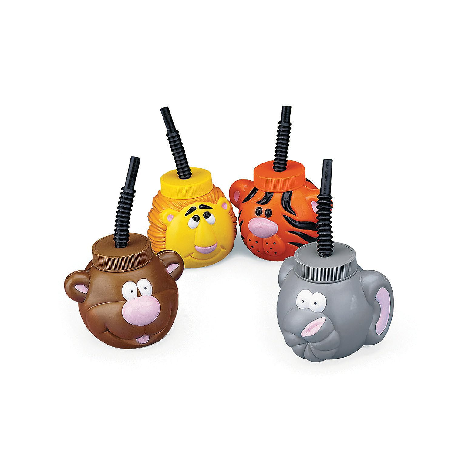 Fun Express Kids Cups with Lids and Straws 12 Pack - Safari Zoo Animal Party Supplies with Bear Lion Tiger Elephant Designs | 14 oz Plastic Cups
