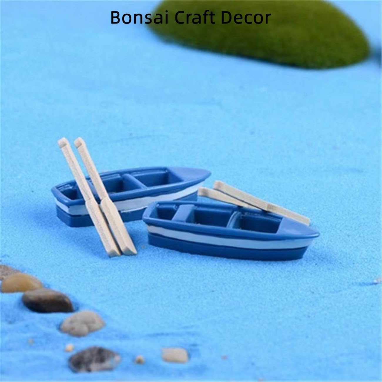 Haohaiblooms 2 Pieces Mini Blue Rowboat Figurines Set - Resin Canoe with Oars for Fairy Garden, DIY Dollhouse Decoration, Cake Toppers, Moss
