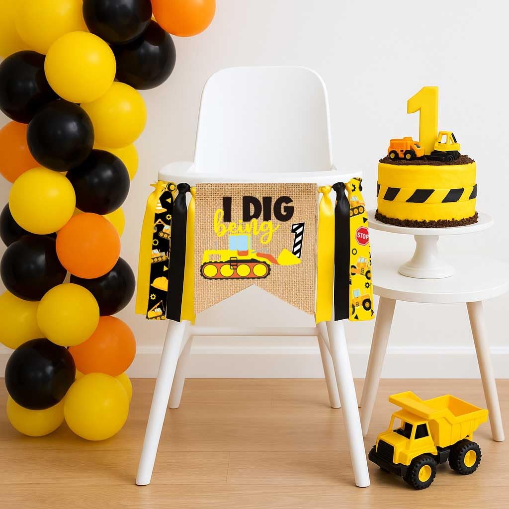 Construction 1st Birthday High Chair Banner Dump Truck/Excavator/Crane/Digger Theme One Photo Prop Cake Smash for Boys Construction One Year Old