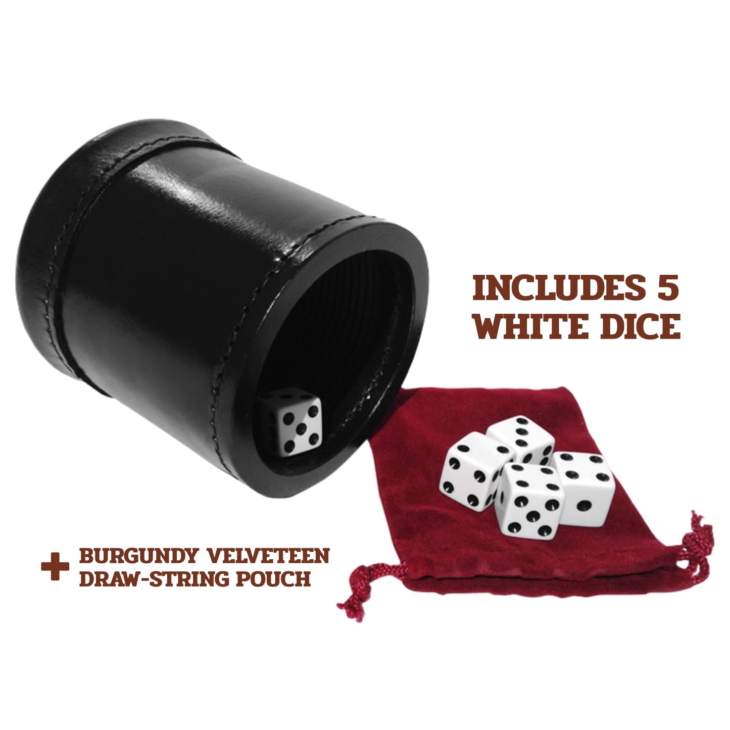 Alex Cramer Golden Gate Dice Cup Set - 5 White Dice, Drawstring Pouch & Book of Dice Games (Liars Dice Game) Included - Leather Dice Cup - Noiseless